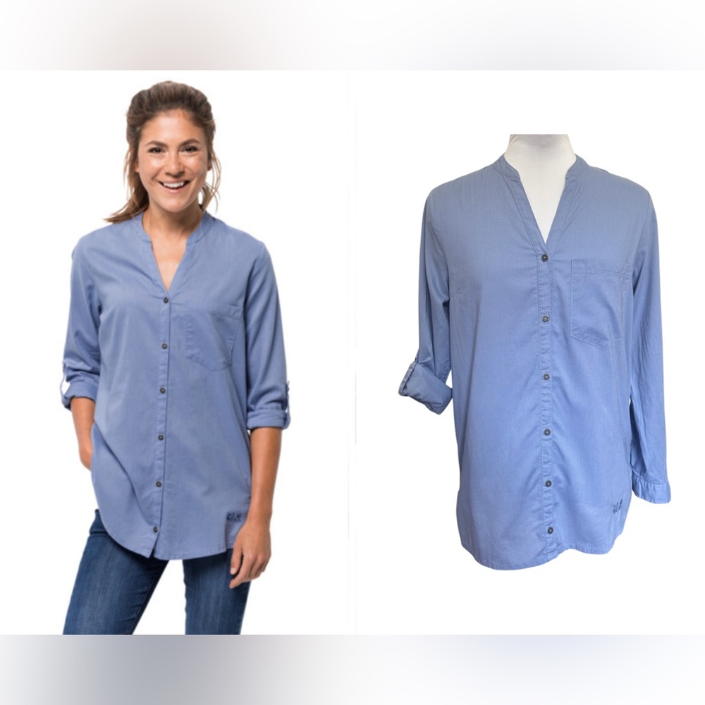 Jack Wolfskin Women Indian Springs‎ Shirt XS Roll Tab Sleeve Organic Cotton Blue